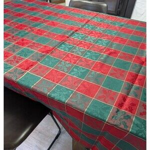 Jacquard Tablecloth Plaid Red Green Gold Metalic Thread Holly Christmas 70"x70"
